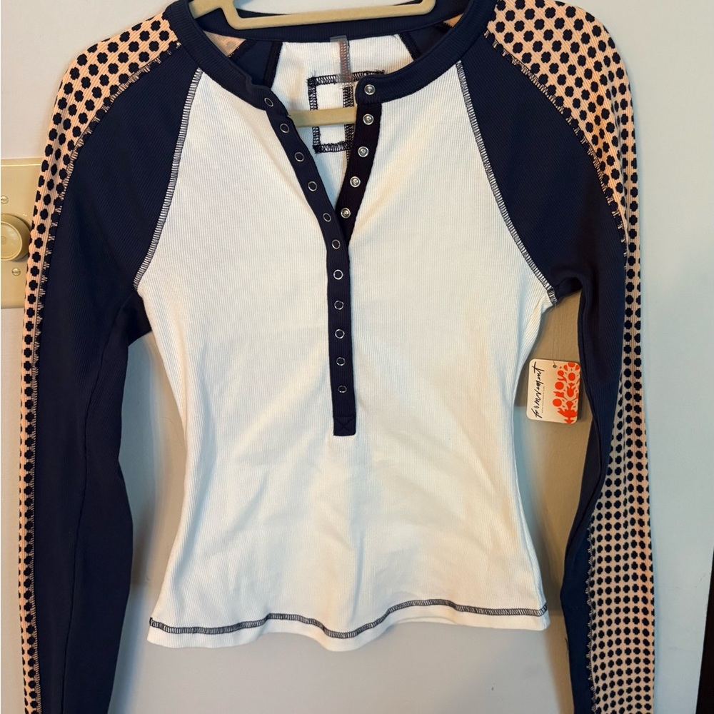 FP Movement by Free People Navy and Cream Button-Up Long Sleeve Tee
